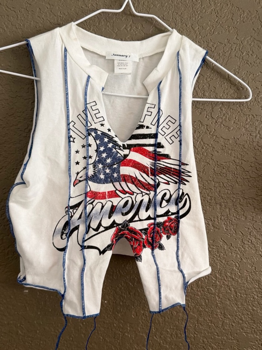 January 7 Fashion Nova White Patriotic Eagle Crop Tank with Red Rose Accent